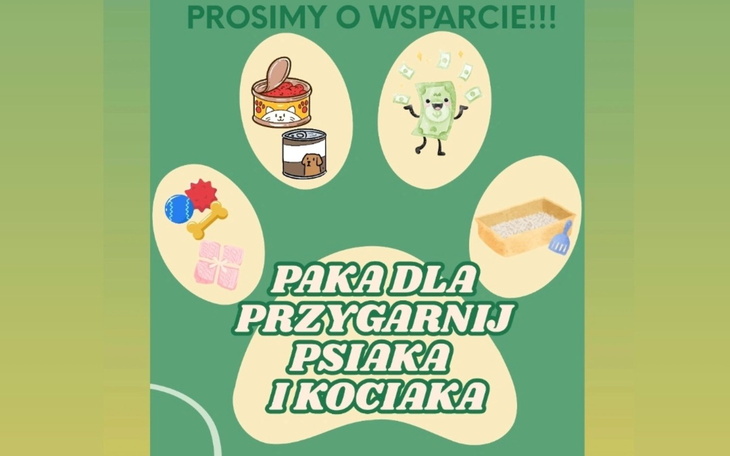 Plakat z prośbą o wsparcie dla psów i kotów.