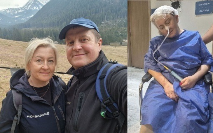Para na tle gór, mężczyzna i kobieta w ujęciu selfie.