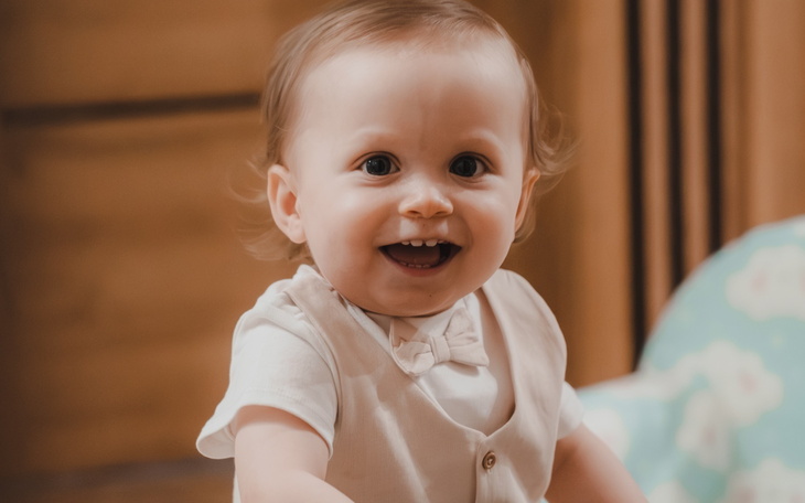 Mały chłopiec w eleganckim stroju, uśmiechający się szeroko.