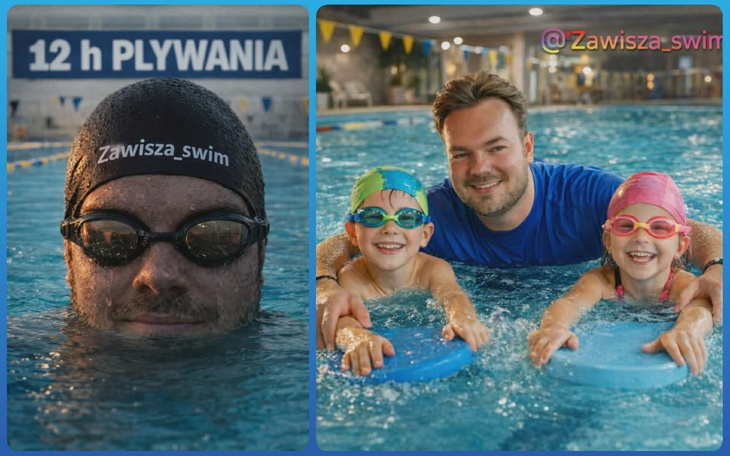 Mężczyzna pływający w basenie z dziećmi, wszyscy uśmiechnięci.