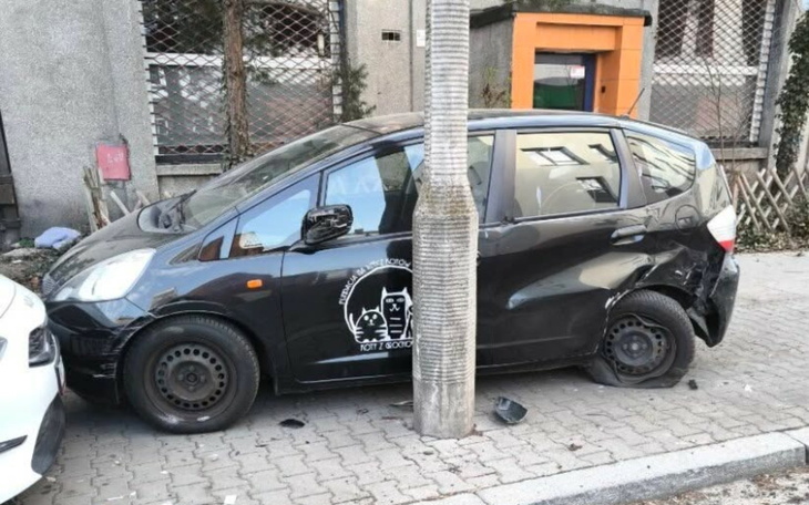 Uszkodzony samochód zaparkowany blisko słupa.