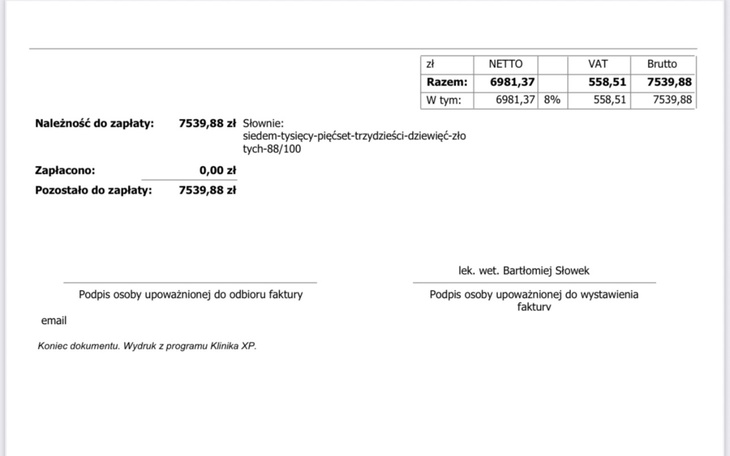 Faktura z danymi do zapłaty, z kwotą do uregulowania.