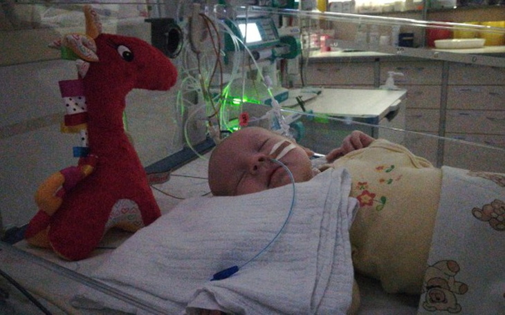 Niemowlę w szpitalu, z pluszowym zwierzakiem obok.