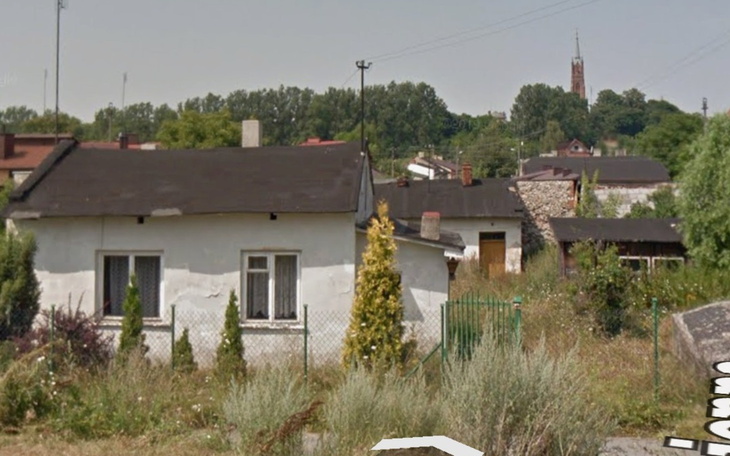 Widok na opuszczony dom w zarośniętej okolicy.