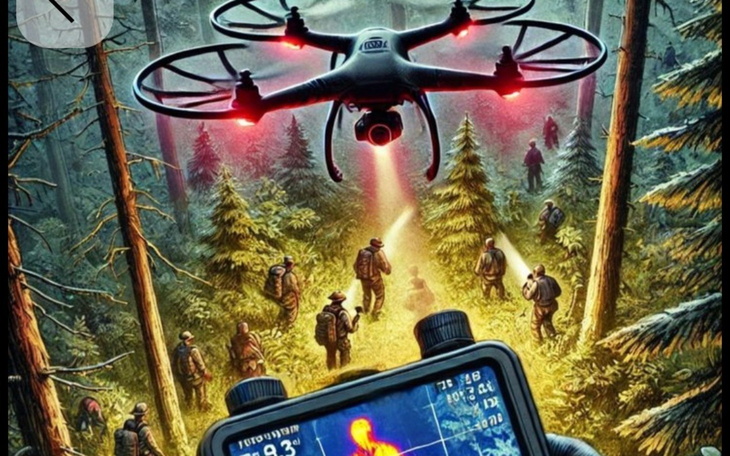 Dron nad lasem, z grupą ludzi z latarkami w tle.