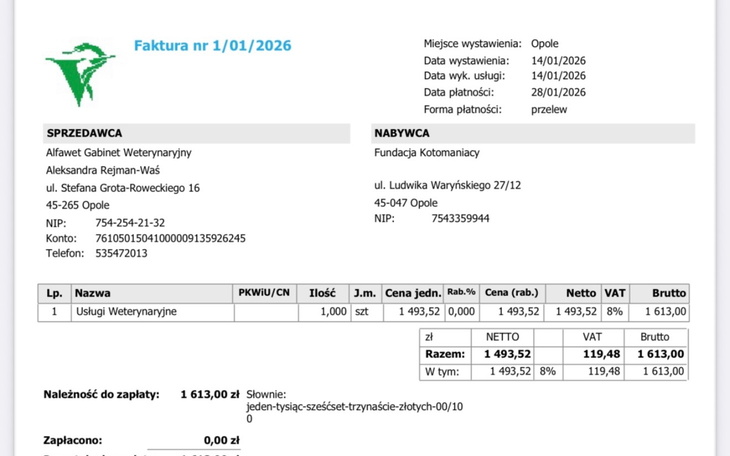 Faktura za usługi weterynaryjne z datą wystawienia.