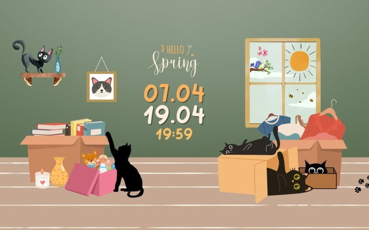 Ilustracja z kotami w wiosennej scenerii, otoczonej pudełkami.