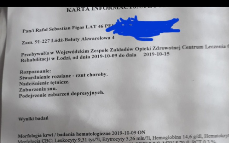 Dokument medyczny z informacjami o pacjencie.