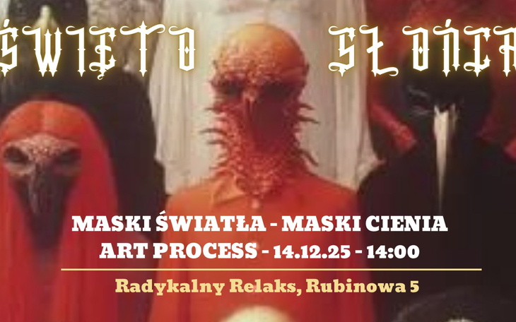 Plakat wydarzenia artystycznego z tajemniczymi postaciami.