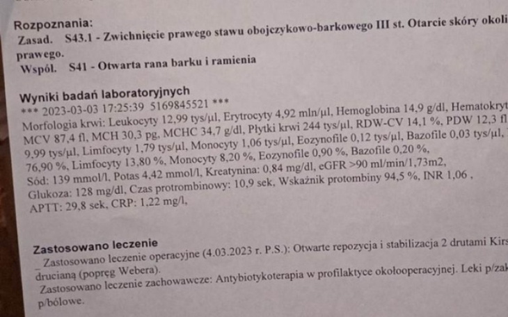 Zbiórka Na rehabilitację ręki po wypadku - zdjęcie główne