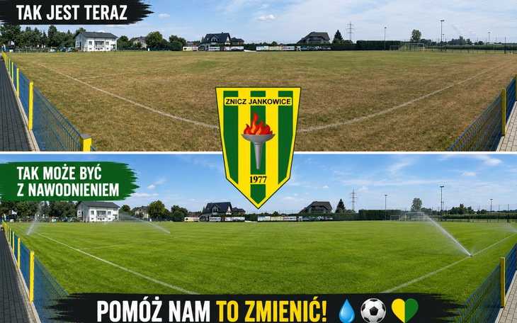 Widok boiska z herbem Drużyny Znicz Jankowice na środku, okolice trybun.