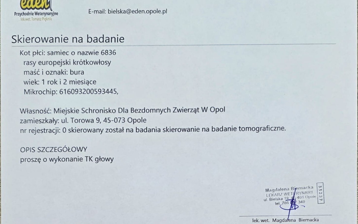 Dokument skierowania na badanie weterynaryjne dla zwierzęcia.