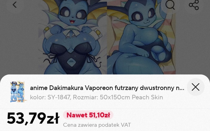 Rysunek postaci anime Vaporeon na poduszce.
