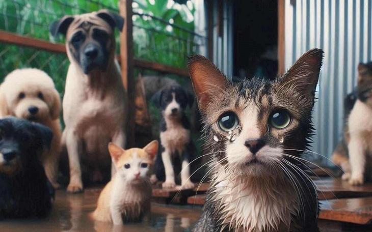Kot z łzami w oczach w towarzystwie szczeniąt.