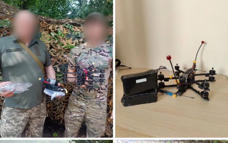 Dwie osoby w mundurach wojskowych z dronem.