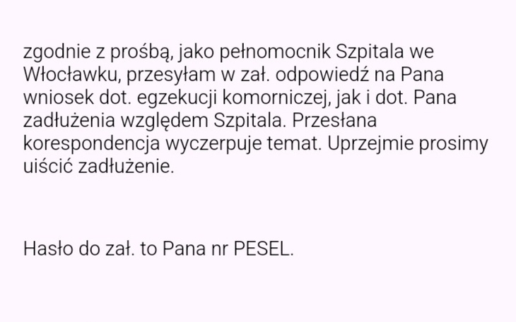 Pismo dotyczące zadłużenia, formalności szpitalne.