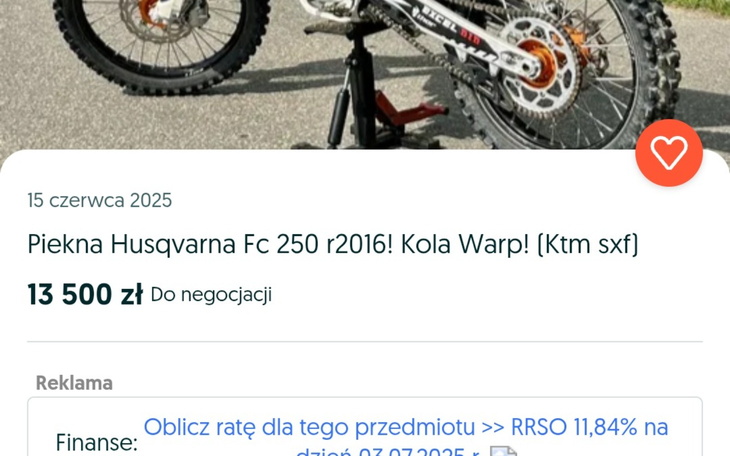Ogłoszenie sprzedaży motocykla Husqvarna Fc 250 z 2016 roku.