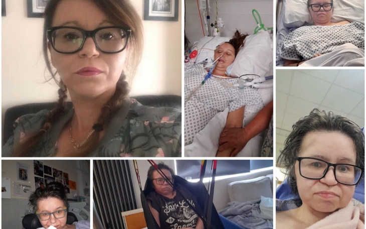 Kolaż zdjęć kobiety w szpitalu i w różnych sytuacjach życiowych.