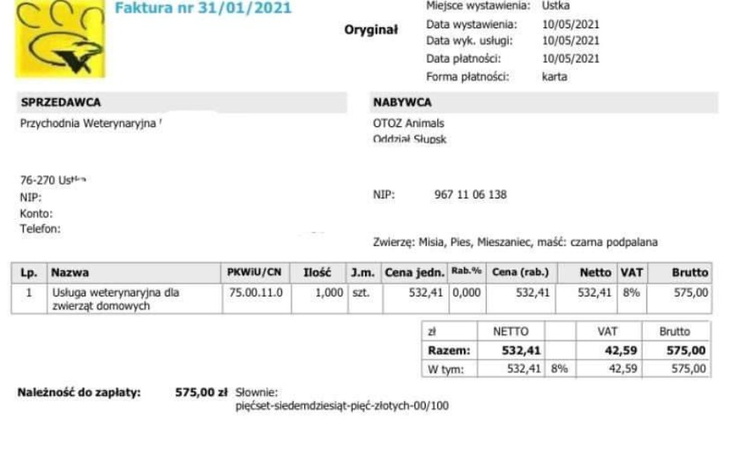 Faktura za usługi weterynaryjne dla zwierząt domowych.