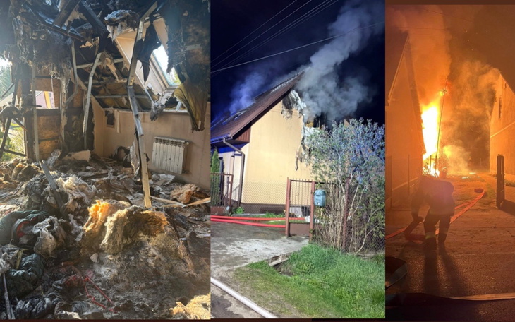 Zniszczony dom po pożarze, widok z zewnątrz.