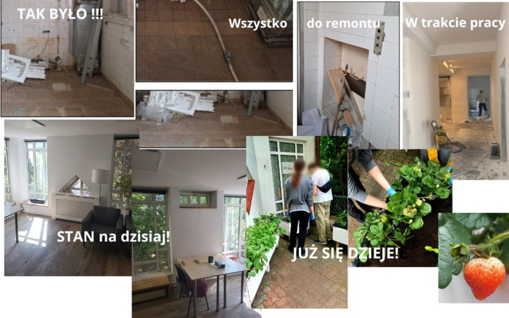 Kolaż zdjęć przedstawiających remont domu, z różnymi etapami prac.