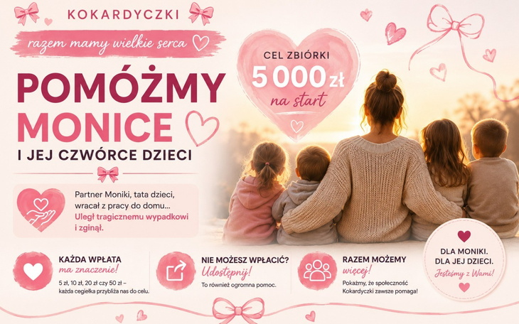 Kadr z plakatu zbiórki POMÓŻMY MONICE i jej dziećmi.