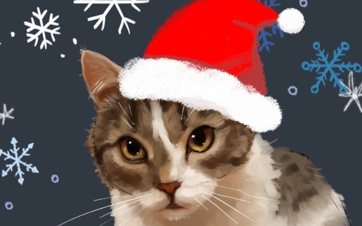 Ilustracja kota w świątecznym kapeluszu.