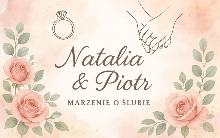 Ilustracja z parą trzymającą się za ręce, z kwiatami w tle.