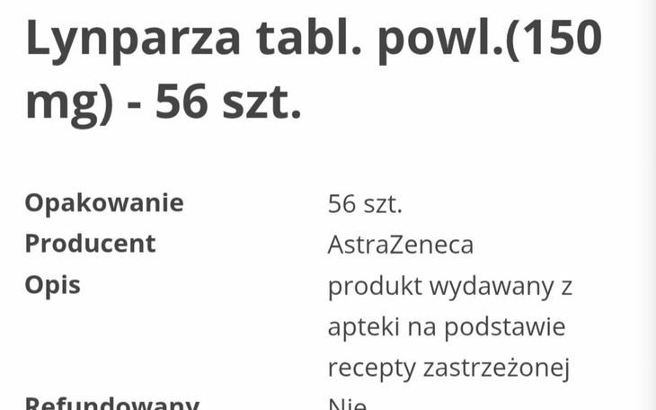 Opakowanie leku Lynparza, 56 sztuk, producent AstraZeneca.