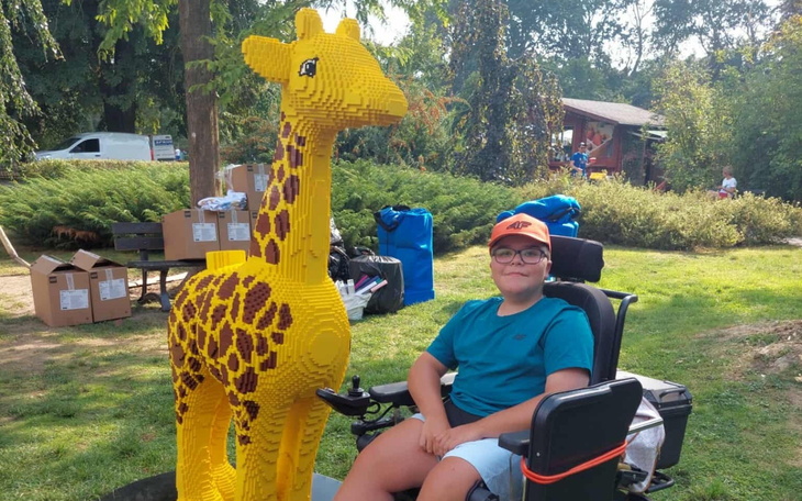 Chłopiec na wózku inwalidzkim z figurką żyrafy z klocków LEGO.