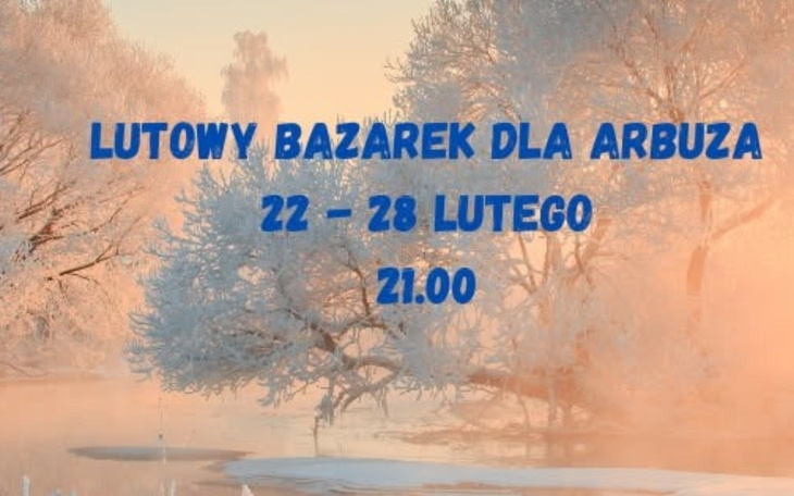 Plakat z informacjami o bazarku, z zimowym krajobrazem w tle.