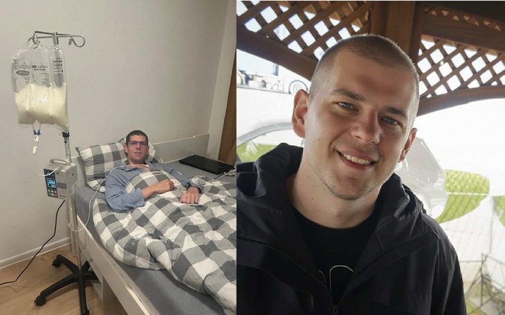 Mężczyzna leżący w łóżku szpitalnym, podłączony do kroplówki.