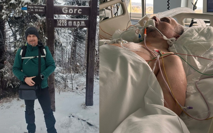 Mężczyzna w górach i pacjent w szpitalu.