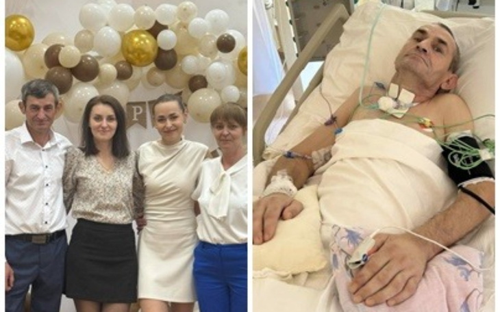 Rodzina pozująca na tle dekoracji, obok pacjent w szpitalu.