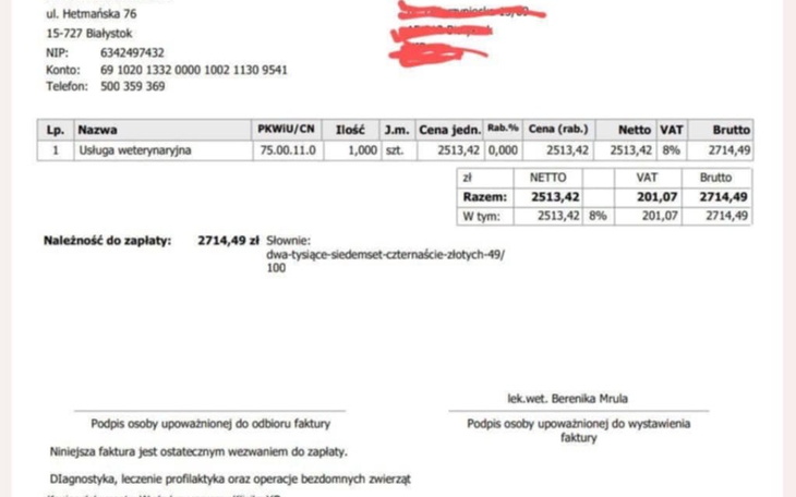 Faktura za usługę weterynaryjną z danymi kontaktowymi.