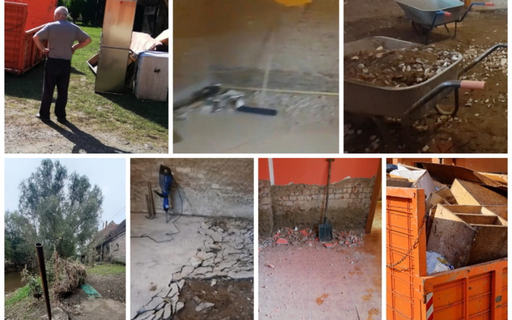 Kolaż zdjęć przedstawiających prace remontowe w zniszczonym miejscu.