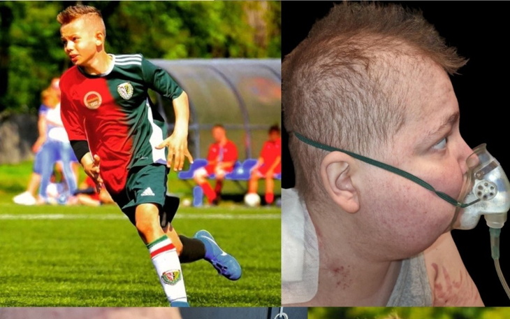 Młody piłkarz w akcji na boisku, w barwach drużyny.