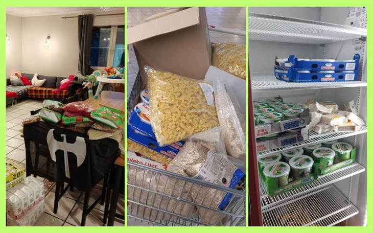 Wnętrze domu z zapasami żywności, w tym makaron i konserwy.