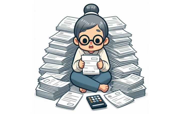 Osoba z dokumentami otoczona stosami papierów, wygląda na zmartwioną.