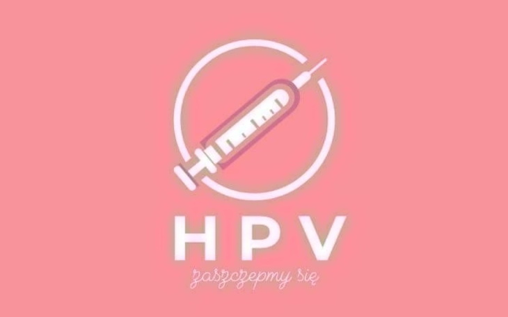 Logo kampanii HPV z igłą na różowym tle.