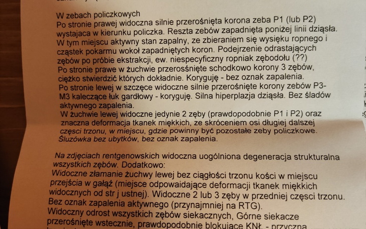 Dokument medyczny dotyczący stanu zdrowia z opisem.
