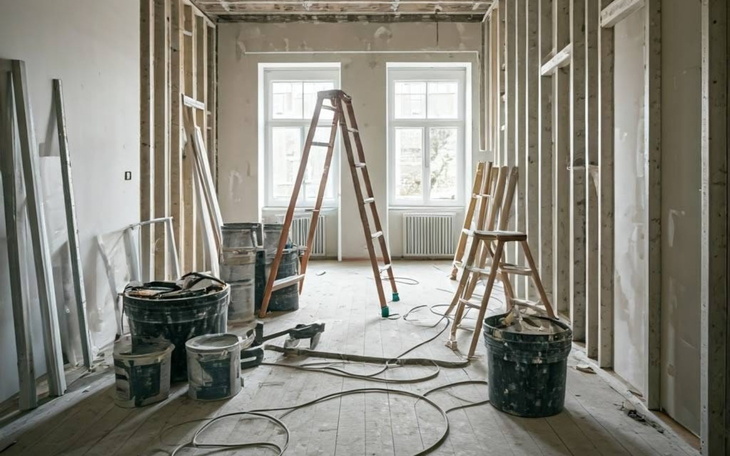Wnętrze w trakcie remontu z narzędziami i drabinami.