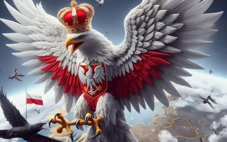 Orzeł biały w koronie, symbol Polski w artystycznej formie.