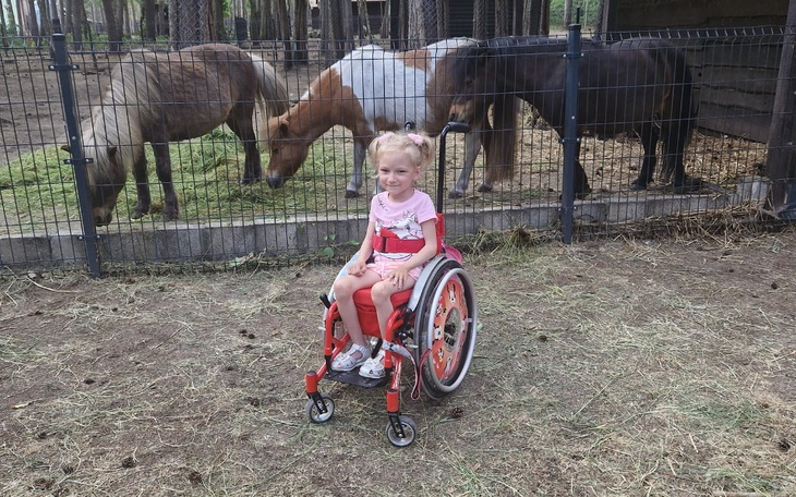 Dziewczynka na wózku inwalidzkim w towarzystwie koni.