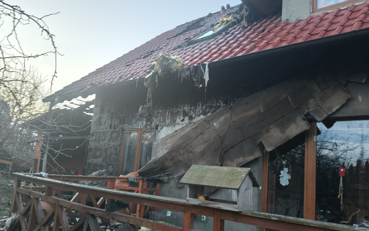 Zniszczony dom z opadającym dachem, porośnięty mchem, w otoczeniu drzew.