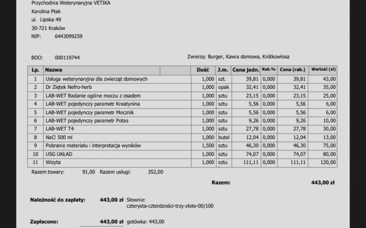 Faktura za usługi weterynaryjne dla zwierząt domowych.
