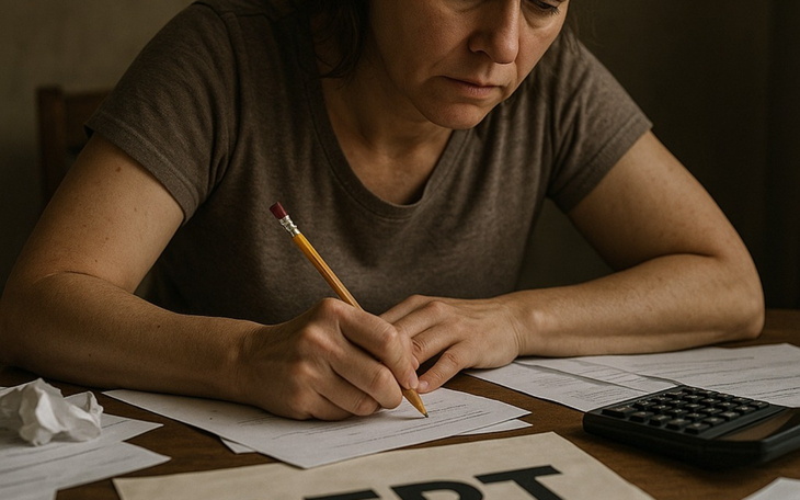Kobieta pisząca na stole, otoczona dokumentami.