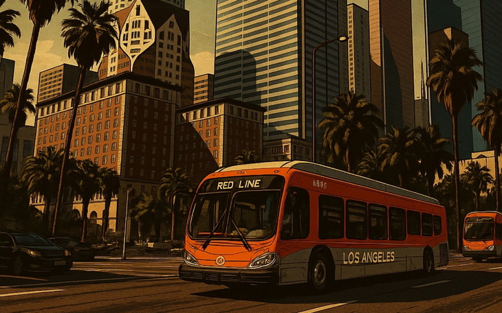 Autobus w Los Angeles na tle miejskiego krajobrazu.