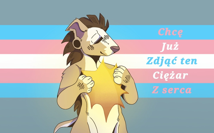 Animowany lew z tęczowym tłem, wyrażający emocje i wolność.