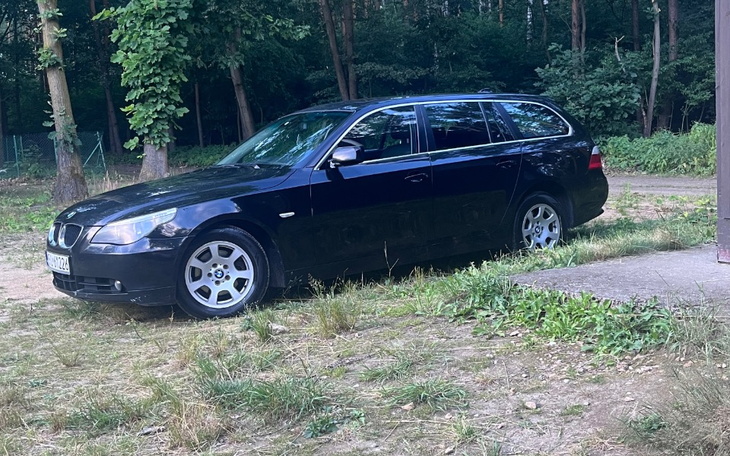 Czarny samochód zaparkowany w lesie, otoczony zielenią.